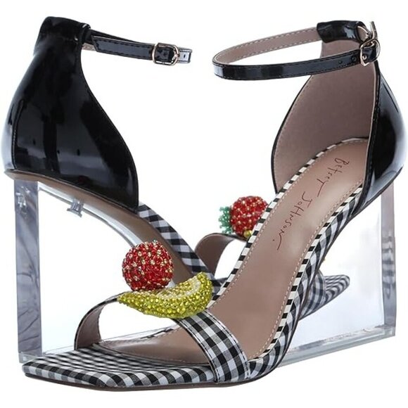 Betsey Johnson Women's Harlen Fruit Wedge Sandals Black Multi, 8.5 NIB - Picture 1 of 7